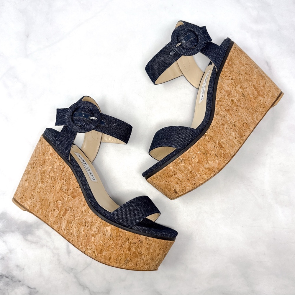 Jimmy Choo Abigail Denim Chambray Chunky Platform Cork Wedge Sandal Heels 39 - Picture 3 of 15